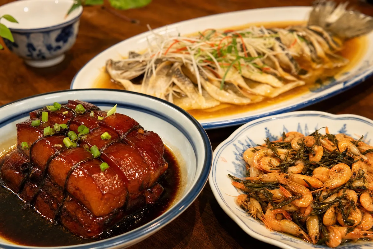 Hangzhou cuisine dishes including braised Dongpo pork served on a table