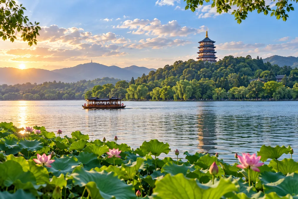 Leifeng Pagoda on the south shore of West Lake seen across the water in late afternoon light