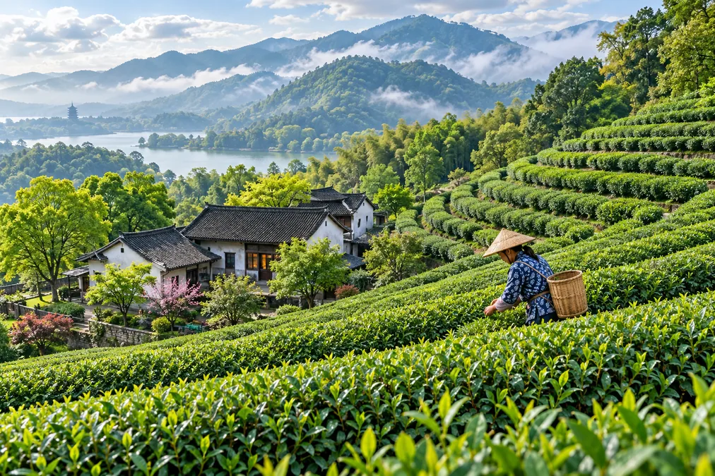 Terraced Longjing tea fields on the hills above Longjing Village near Hangzhou, with a tea picker among the rows