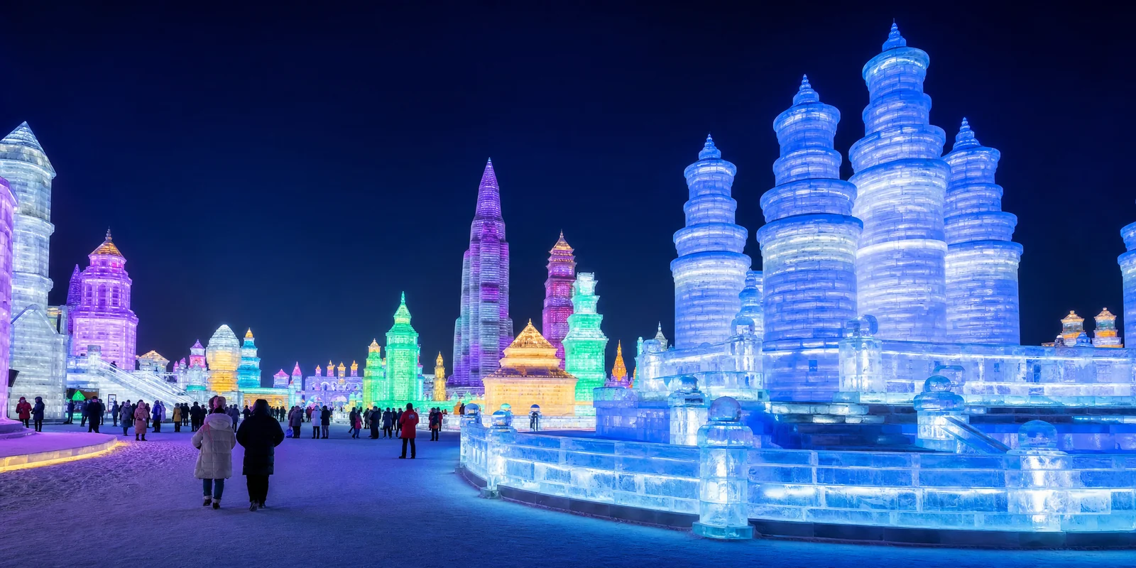Harbin Ice and Snow World illuminated with colorful lights at night in winter