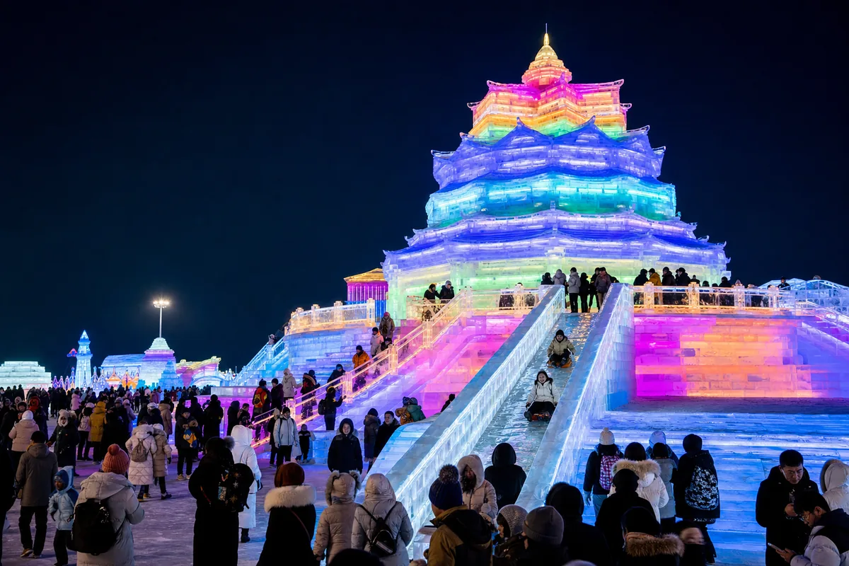 Multi-story illuminated ice tower with ice slide at Harbin Ice and Snow World