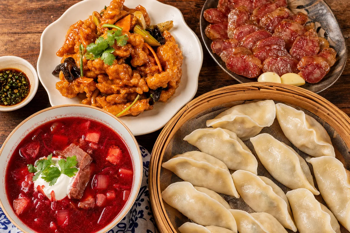 Northeastern Chinese food including guo bao rou, Harbin red sausage and dumplings