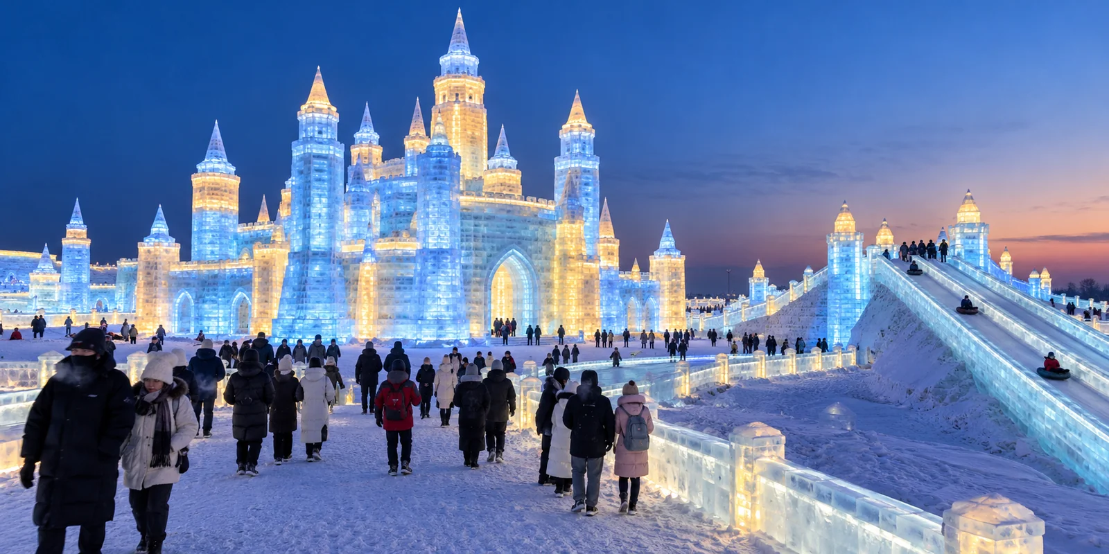Illuminated ice castles at Harbin Ice and Snow World at dusk, with visitors in winter coats walking between the glowing ice walls