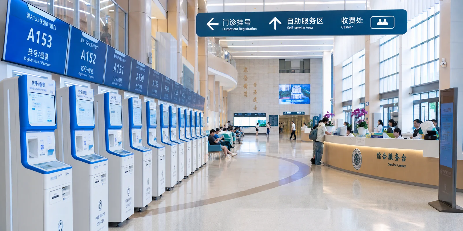 Bright outpatient lobby of a modern Chinese hospital with self-service check-in machines and signage