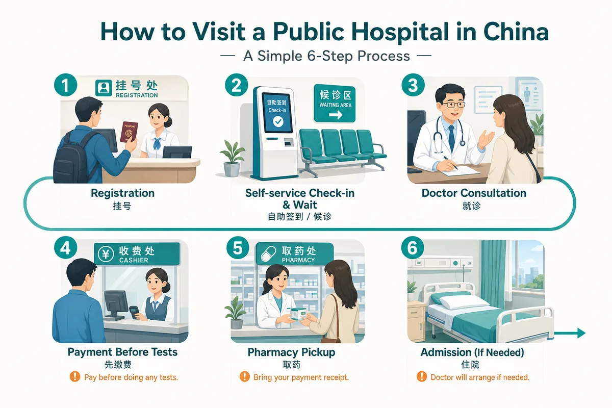 Infographic showing the six-step process of seeing a doctor at a Chinese public hospital