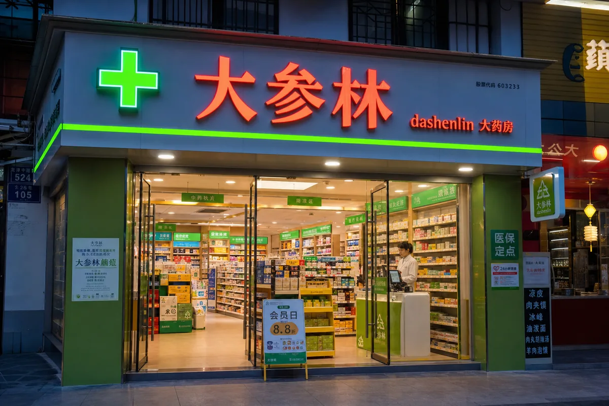 A Chinese chain pharmacy storefront with a green cross sign and shelves of over-the-counter medicine