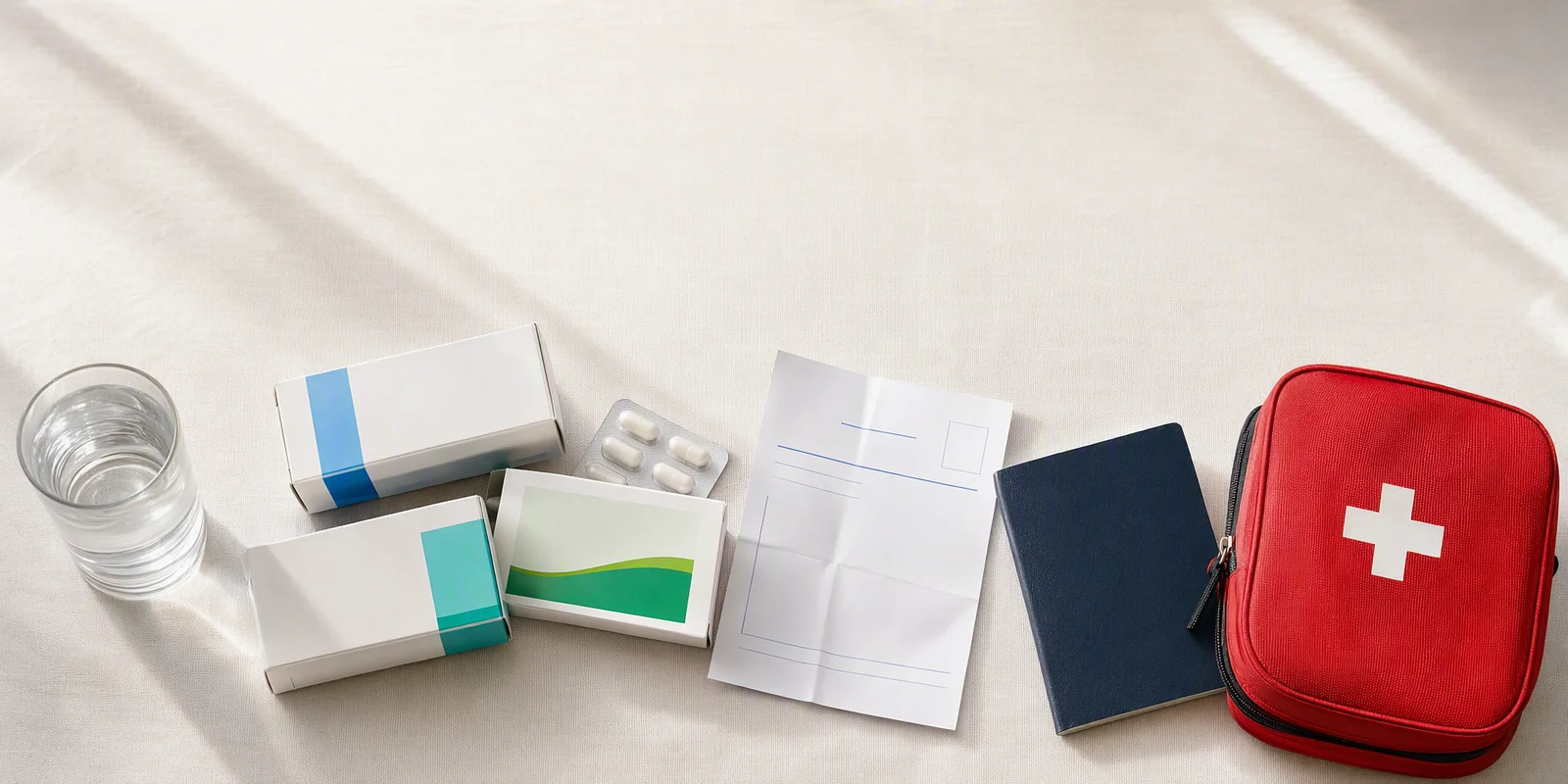 Travel medicines in original packaging, a prescription sheet, a passport and a small first-aid kit laid out on a table