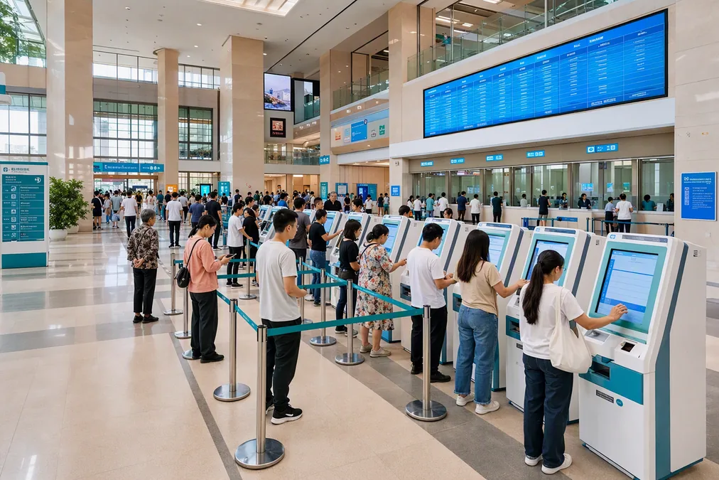 The outpatient hall of a large Chinese hospital with self-service registration kiosks and a queue display