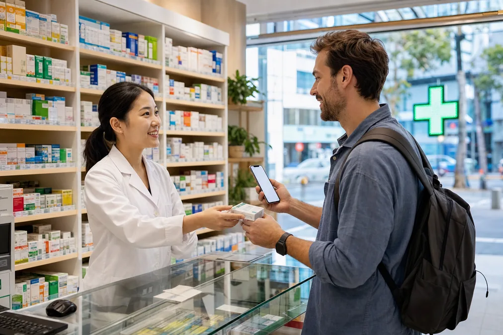 Inside a Chinese pharmacy, a pharmacist at the counter helping a foreign customer who holds up a phone