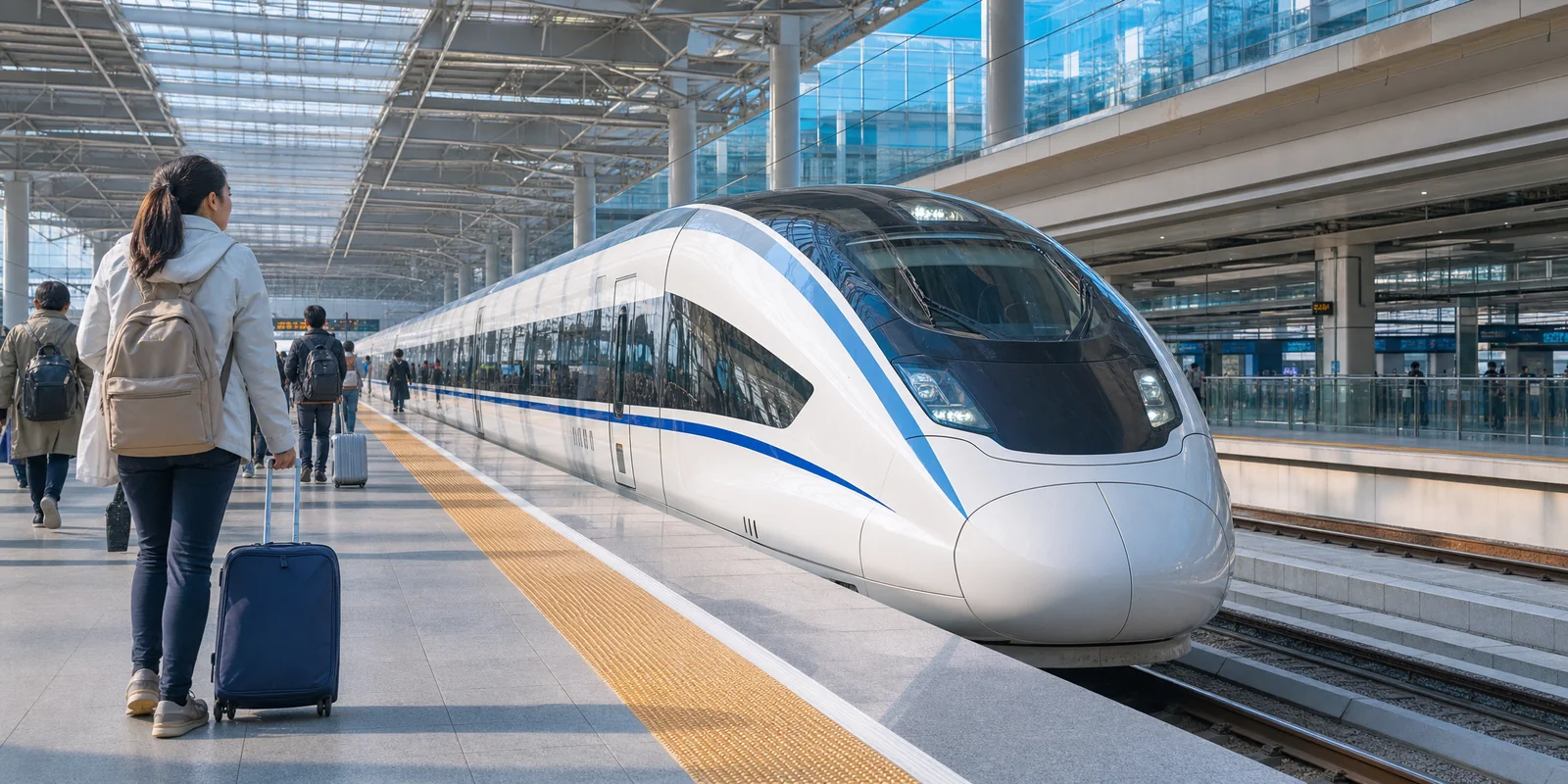 China high-speed train at a modern station platform with passengers waiting