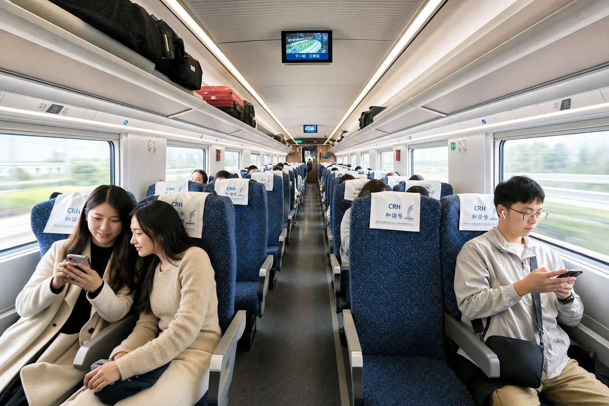 Interior of a China high-speed train second-class car with 3+2 seating
