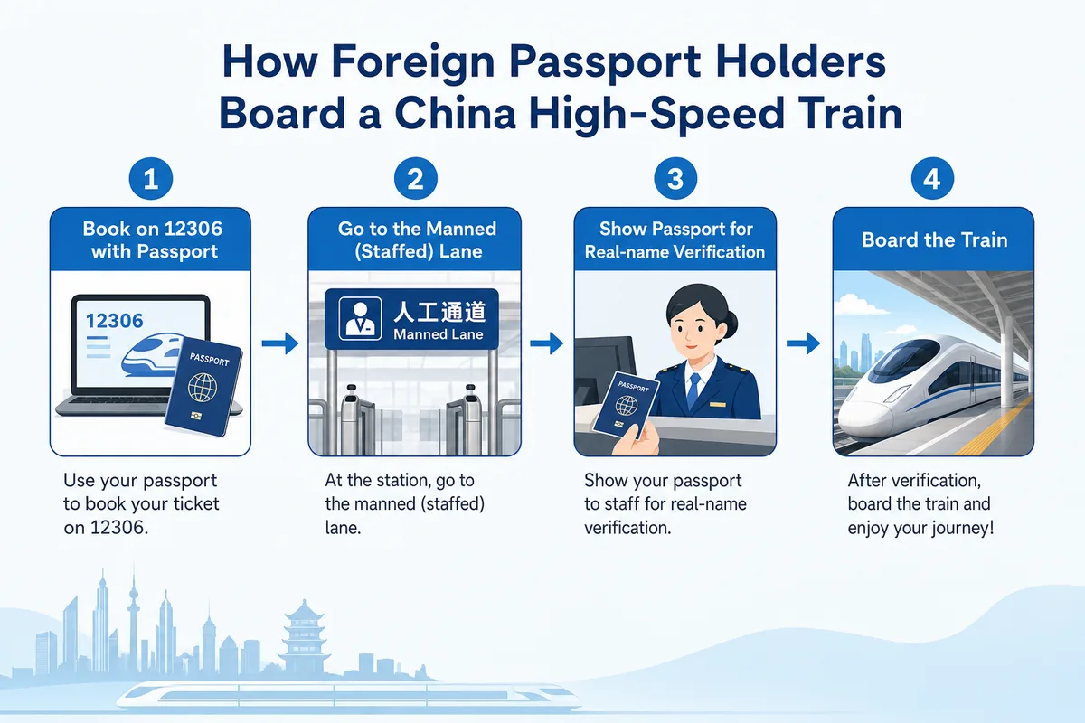 Flowchart showing how foreign passport holders enter a China train station via the manned lane