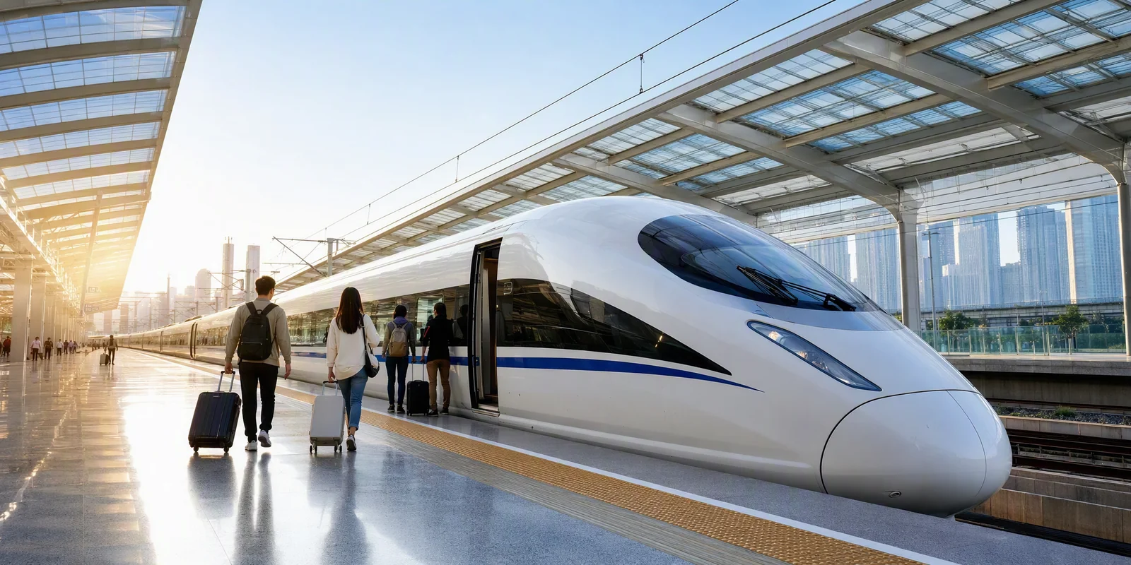 A white high-speed train waiting at a bright station platform as travelers with suitcases walk toward the doors
