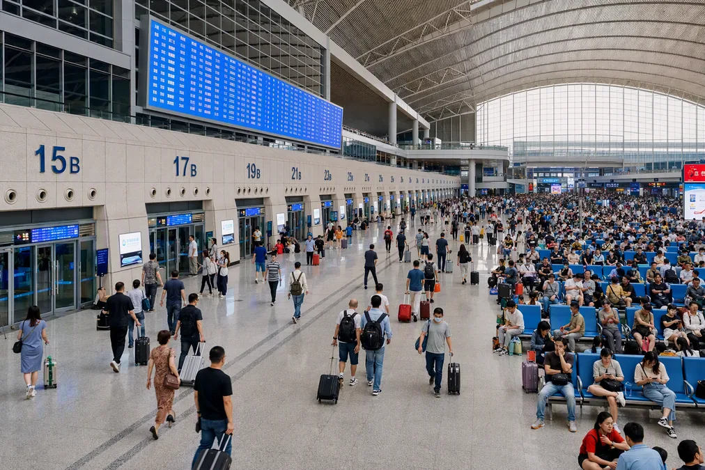The waiting hall of a large Chinese high-speed railway station with a departure board and boarding gates