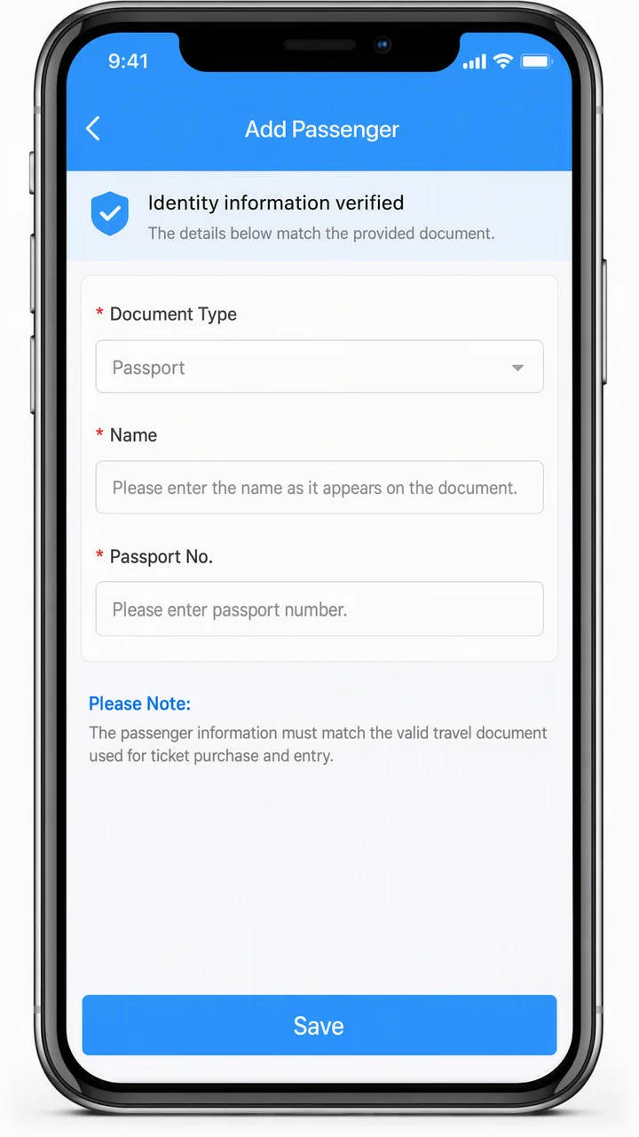 The 12306 English app passenger screen with passport selected as the document type and a verification status field