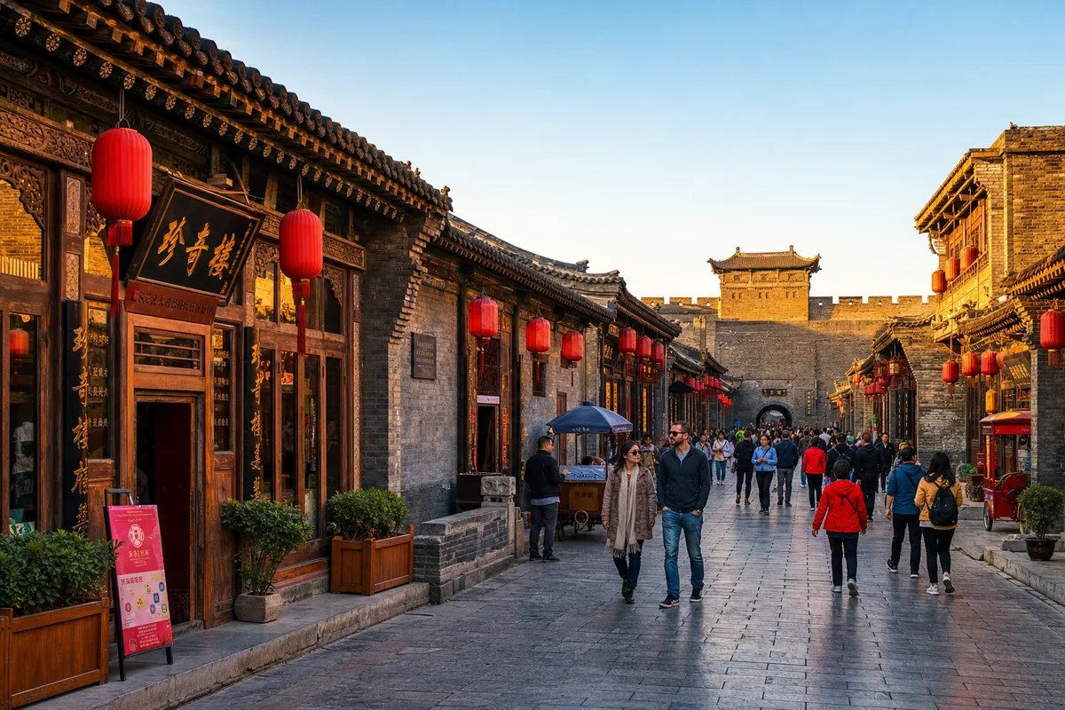 Stone city walls and grey-tiled courtyard houses in Pingyao Ancient City at golden hour