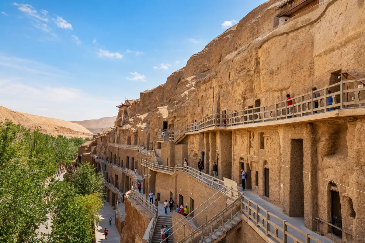 Cliff face of the Mogao Caves near Dunhuang with rows of cave entrances and walkways