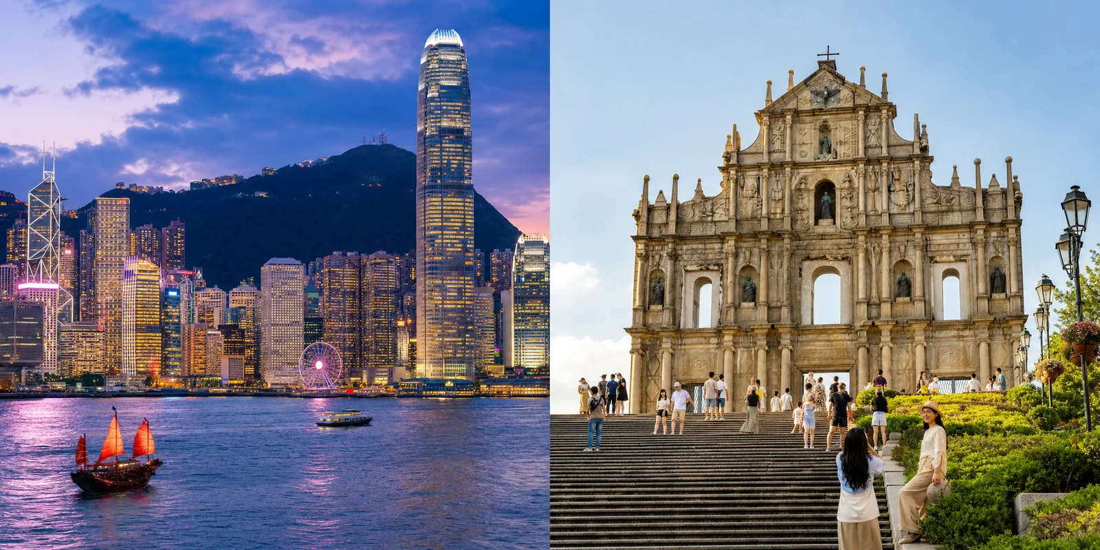 Hong Kong harbour skyline at night beside the Ruins of St. Paul's facade in Macau