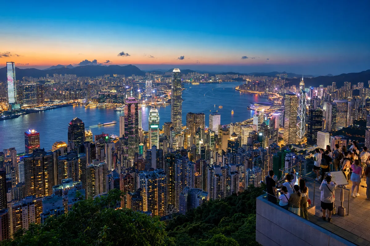 View from Victoria Peak over Hong Kong harbour and skyscrapers at dusk