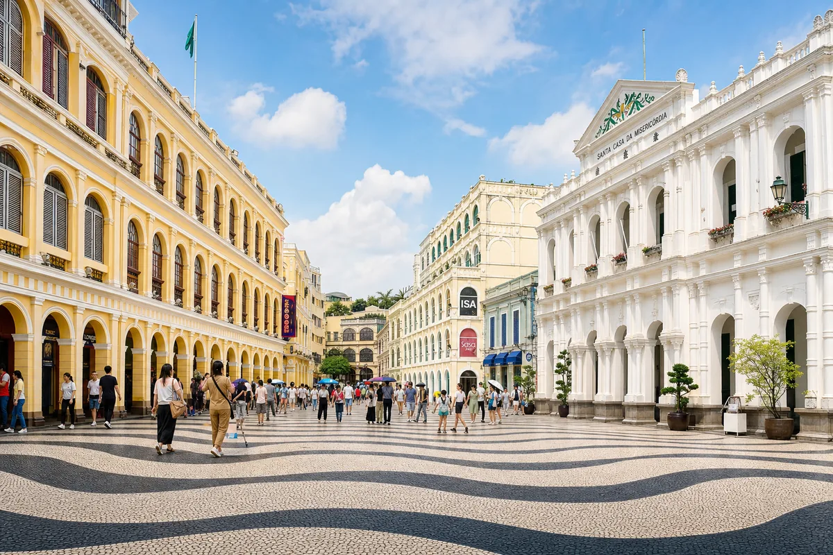 Senado Square in Macau with wave-pattern paving and pastel colonial buildings
