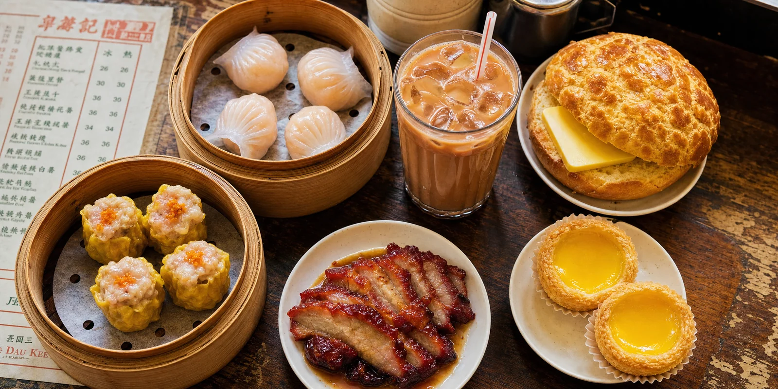 Hong Kong food spread with dim sum baskets, milk tea, pineapple bun and egg tarts on a diner table