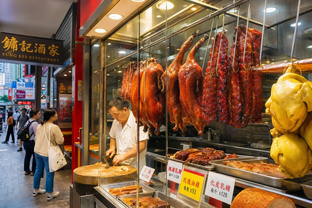 Hong Kong roast meat shop window with hanging char siu, roast goose and soy chicken