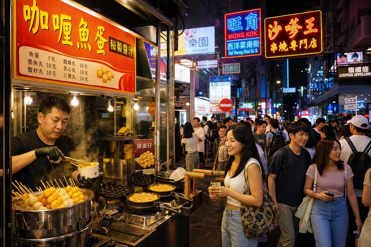 Mong Kok street food stall at night selling curry fish balls and egg waffles under neon signs