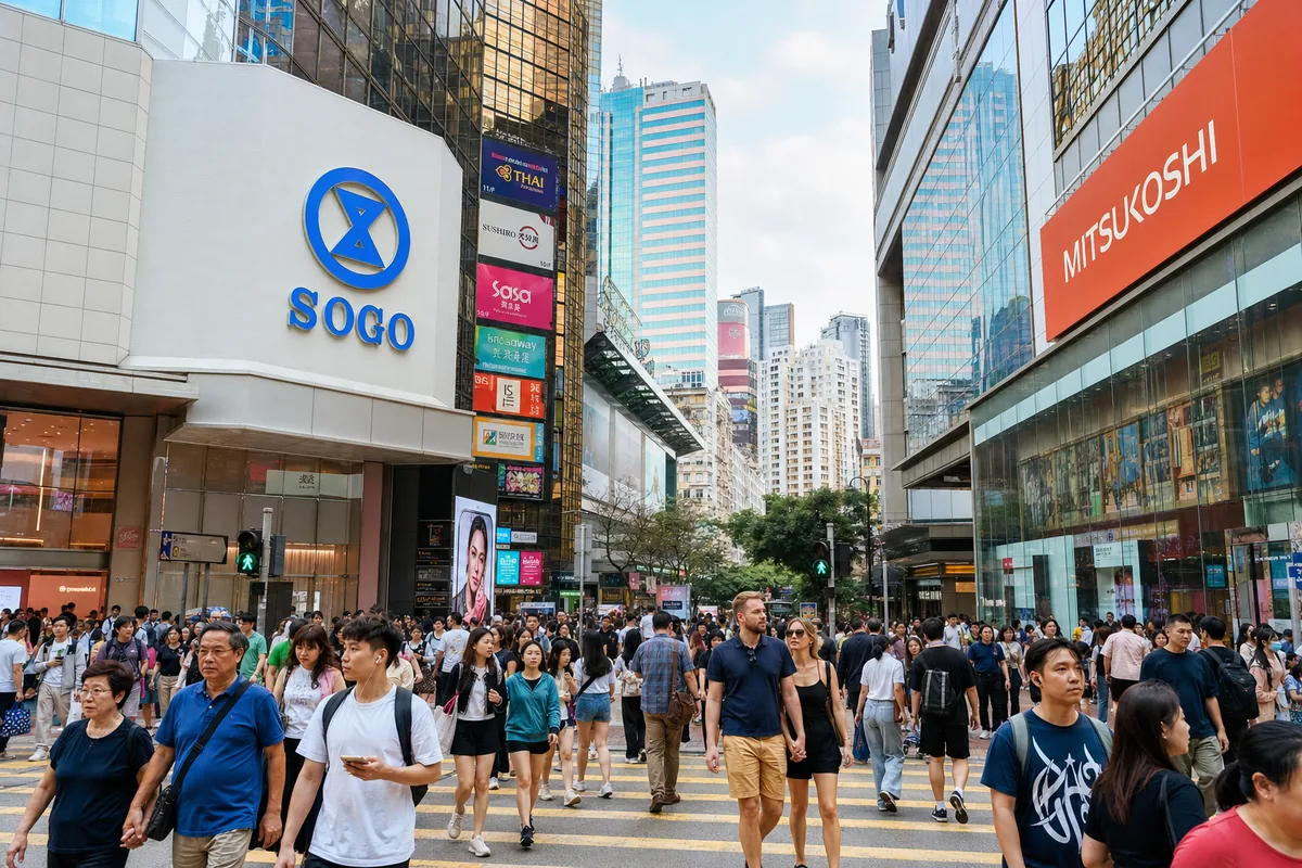 Causeway Bay shopping district crowded with shoppers and department stores