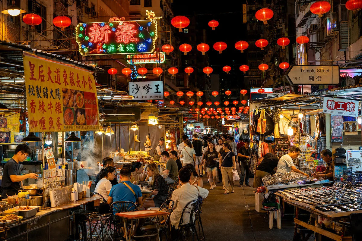 Temple Street Night Market with neon signs and food stalls after dark