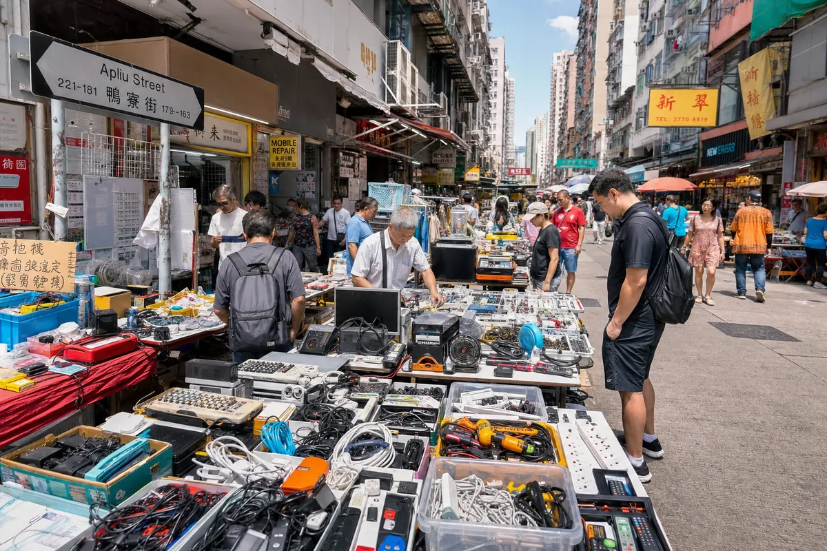 Apliu Street flea market in Sham Shui Po selling electronics and gadgets