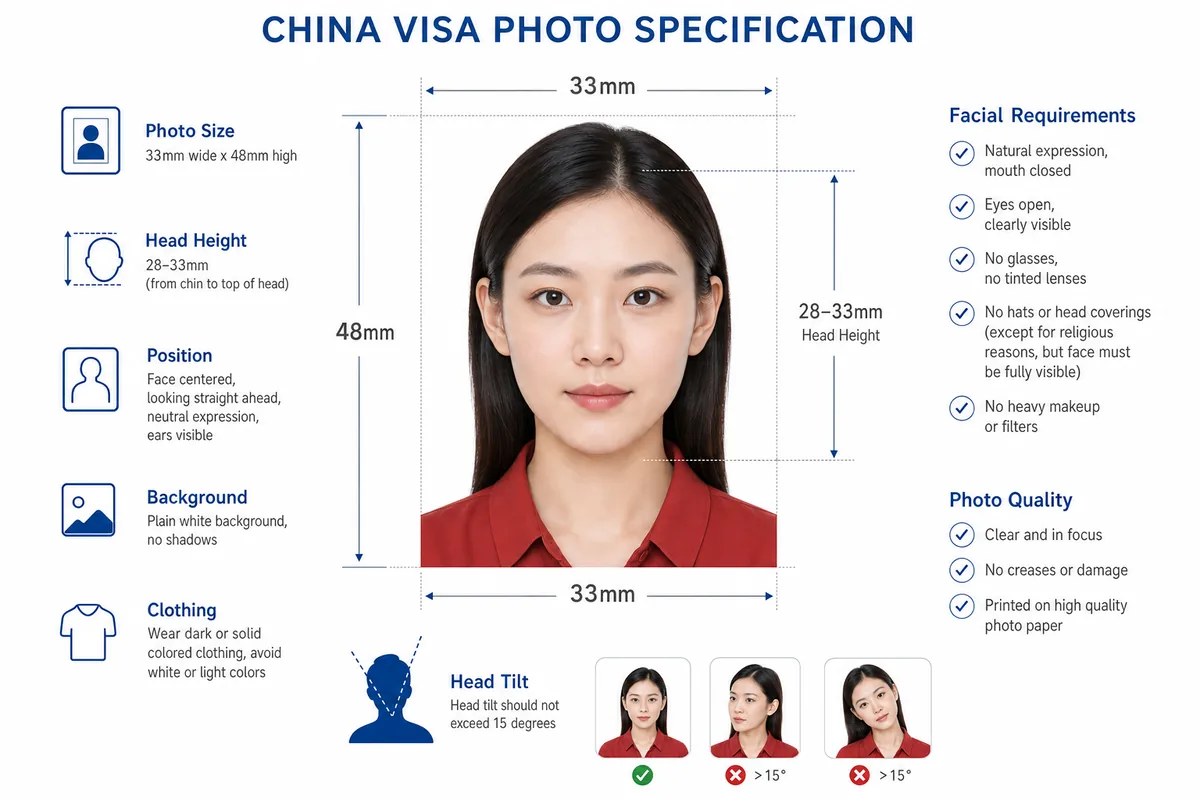China visa photo specification example showing white background, head size and tilt requirements