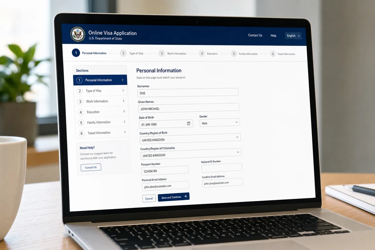 China online visa application (COVA) form on a laptop screen showing multiple form sections