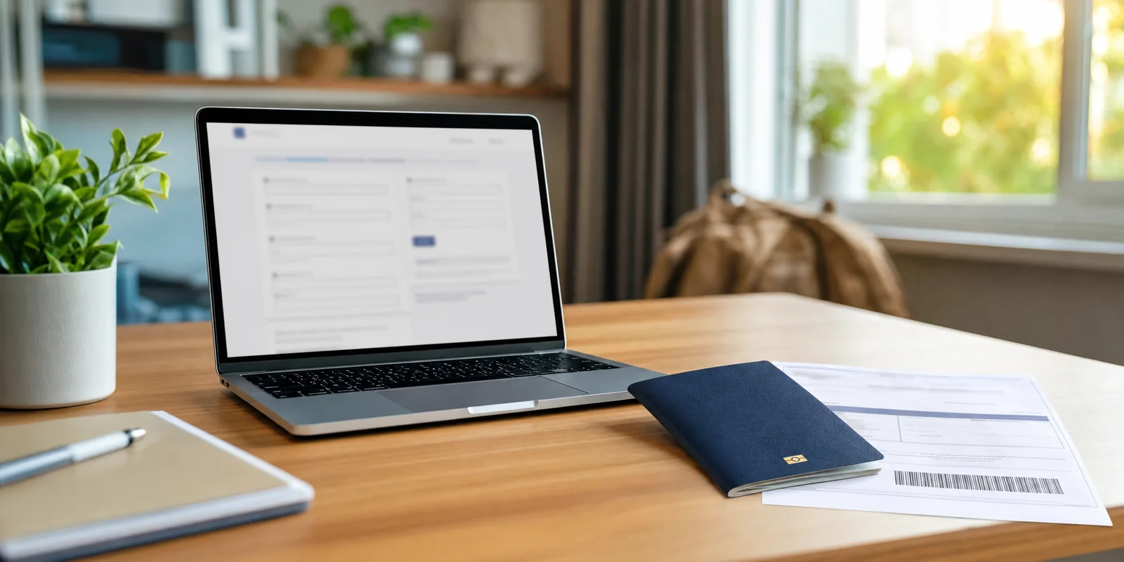 Laptop with an online application form next to a passport and printed pages on a desk