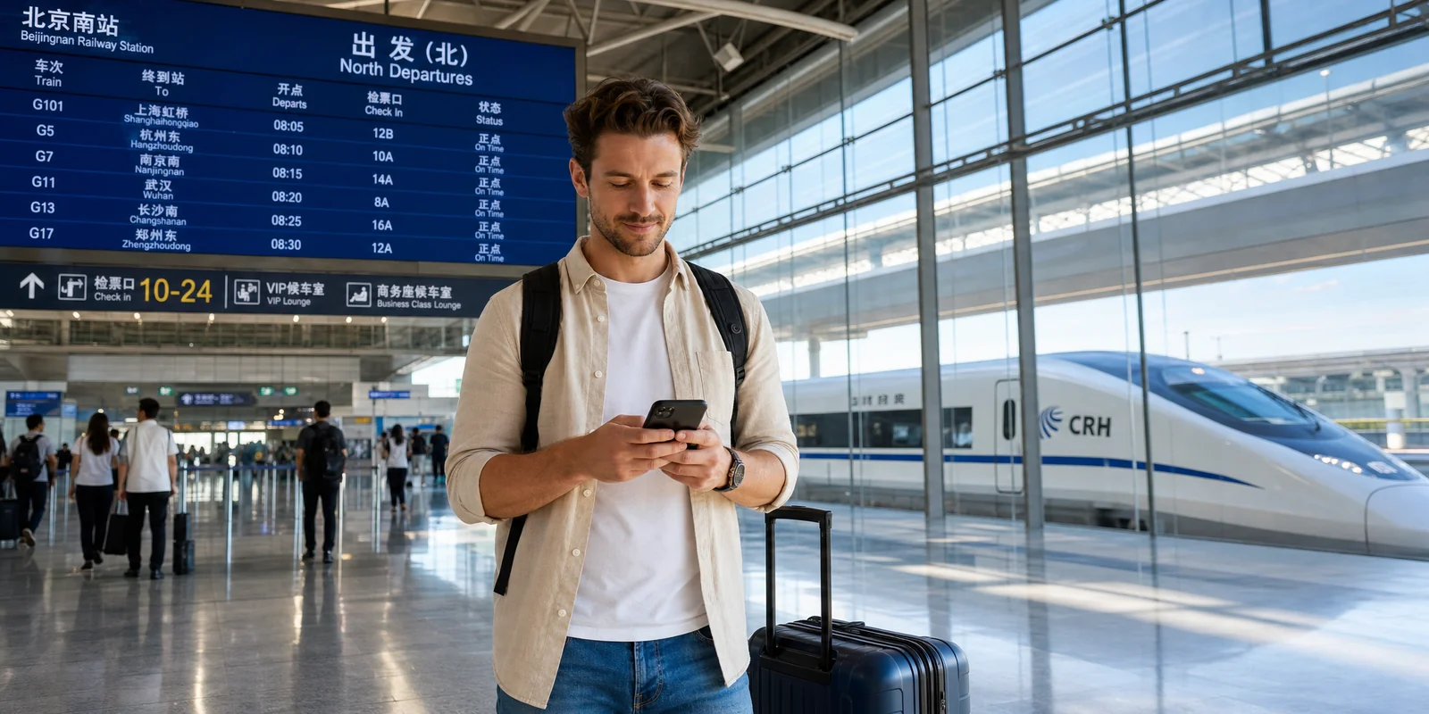 Foreign traveler booking a China train ticket on a phone inside a high-speed rail station