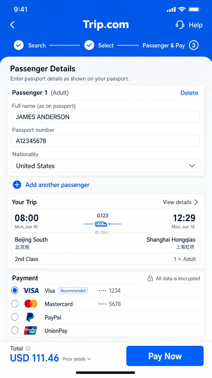 Trip.com app train booking screen in English with passenger passport details and payment options