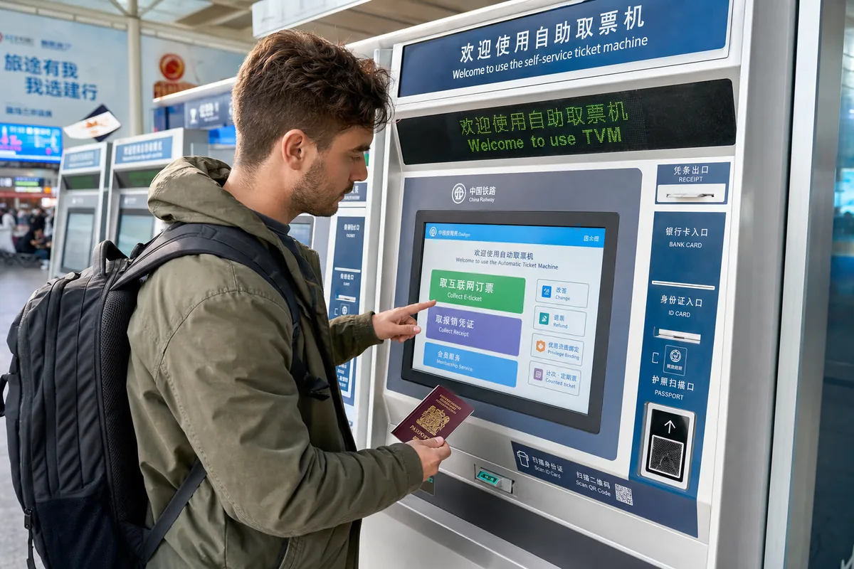 Traveler exchanging a passport-booked ticket for a paper ticket at a self-service machine in a China rail station