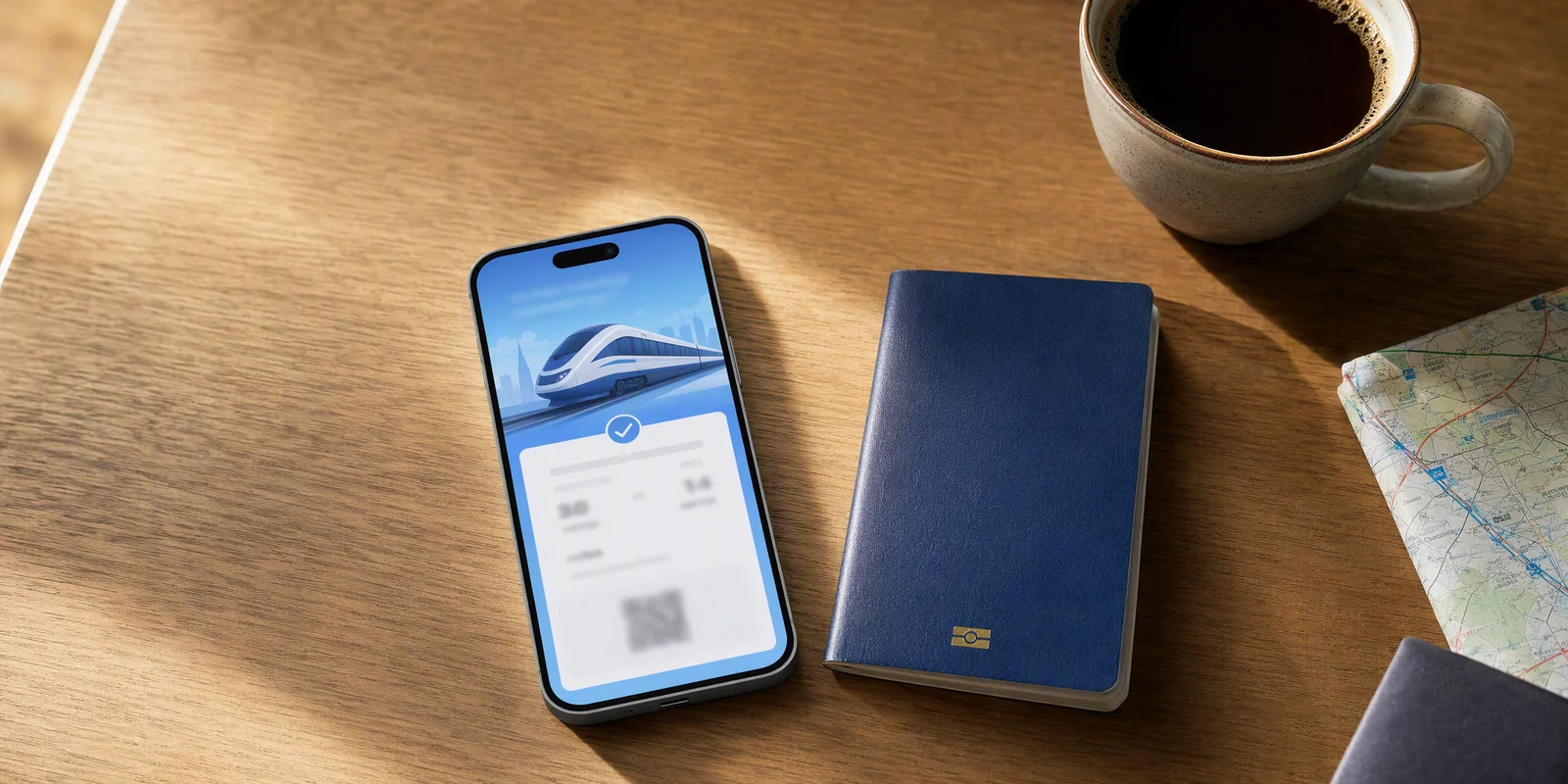 A phone showing a train booking confirmation next to a passport on a desk