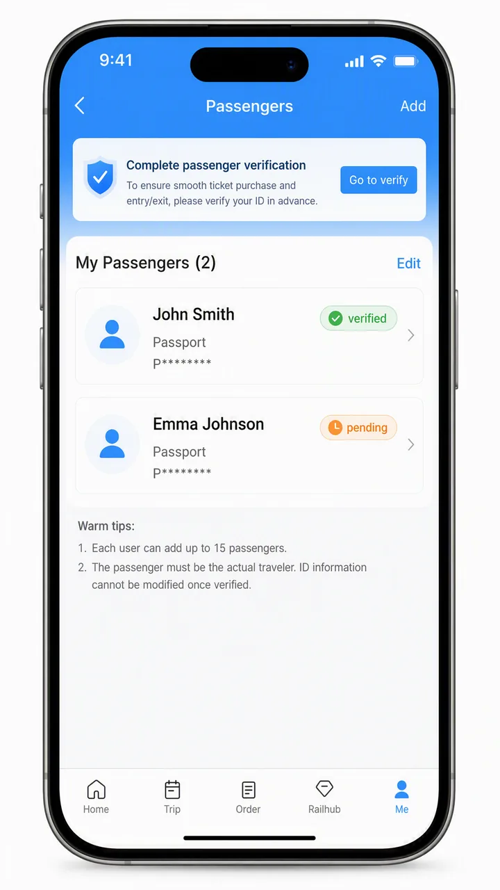 The 12306 English app passenger list showing a passport entry with its verification status