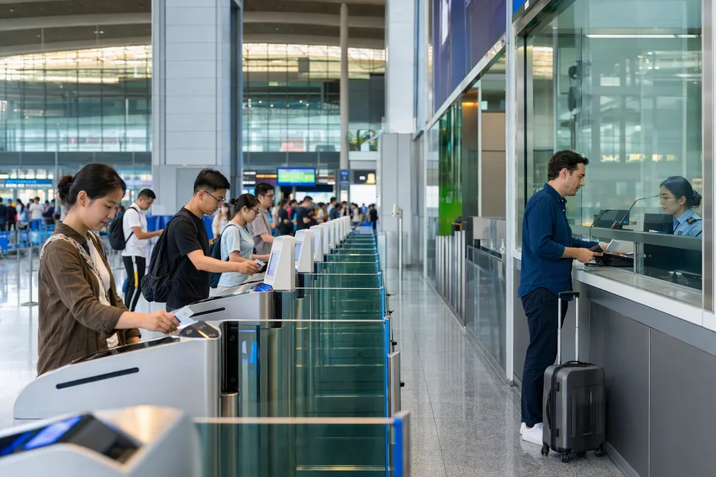 A staffed manual channel beside the automatic ticket gates at a Chinese railway station entrance