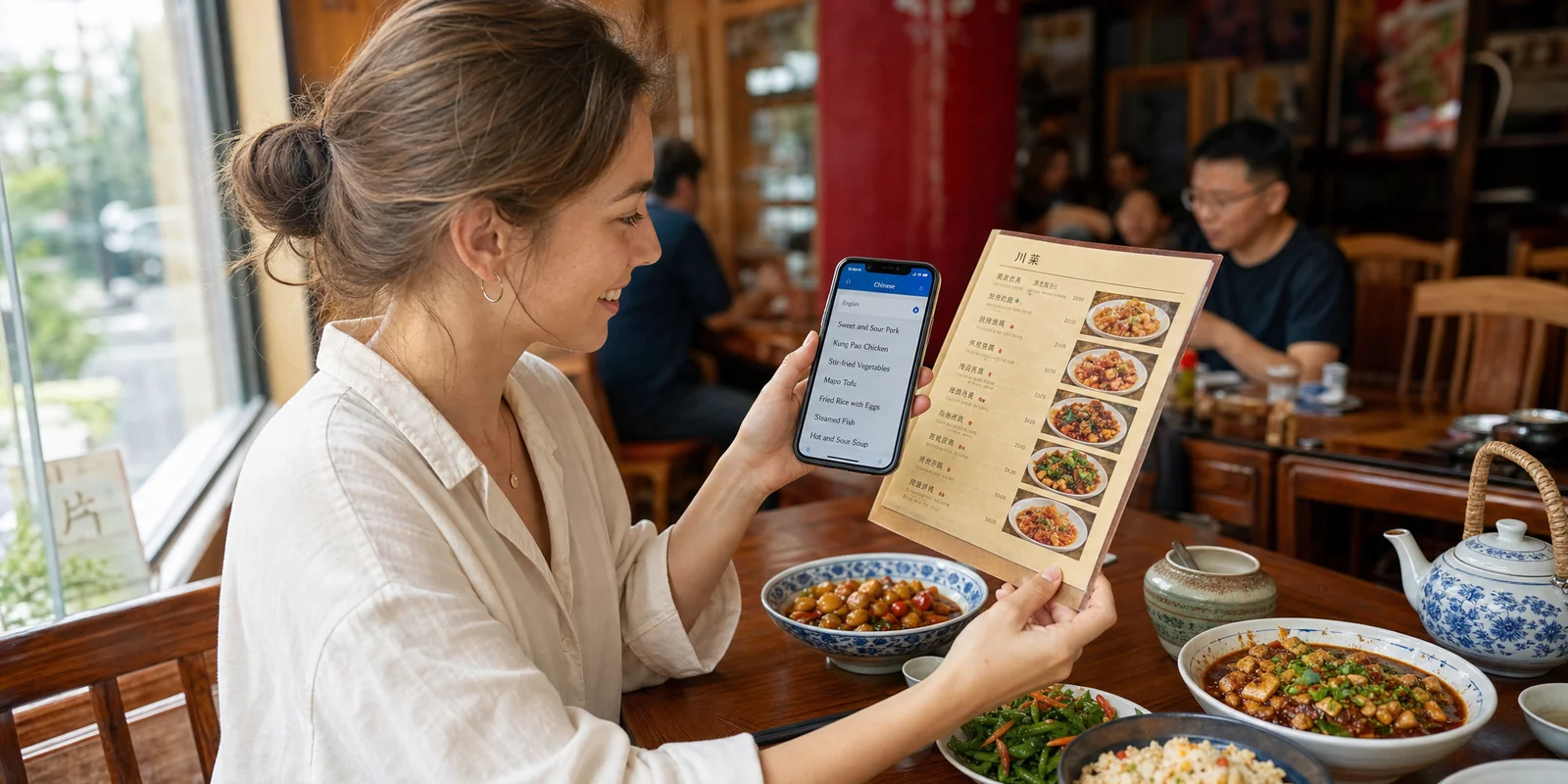 Foreign tourist using a phone translation app to read a Chinese restaurant menu and order food