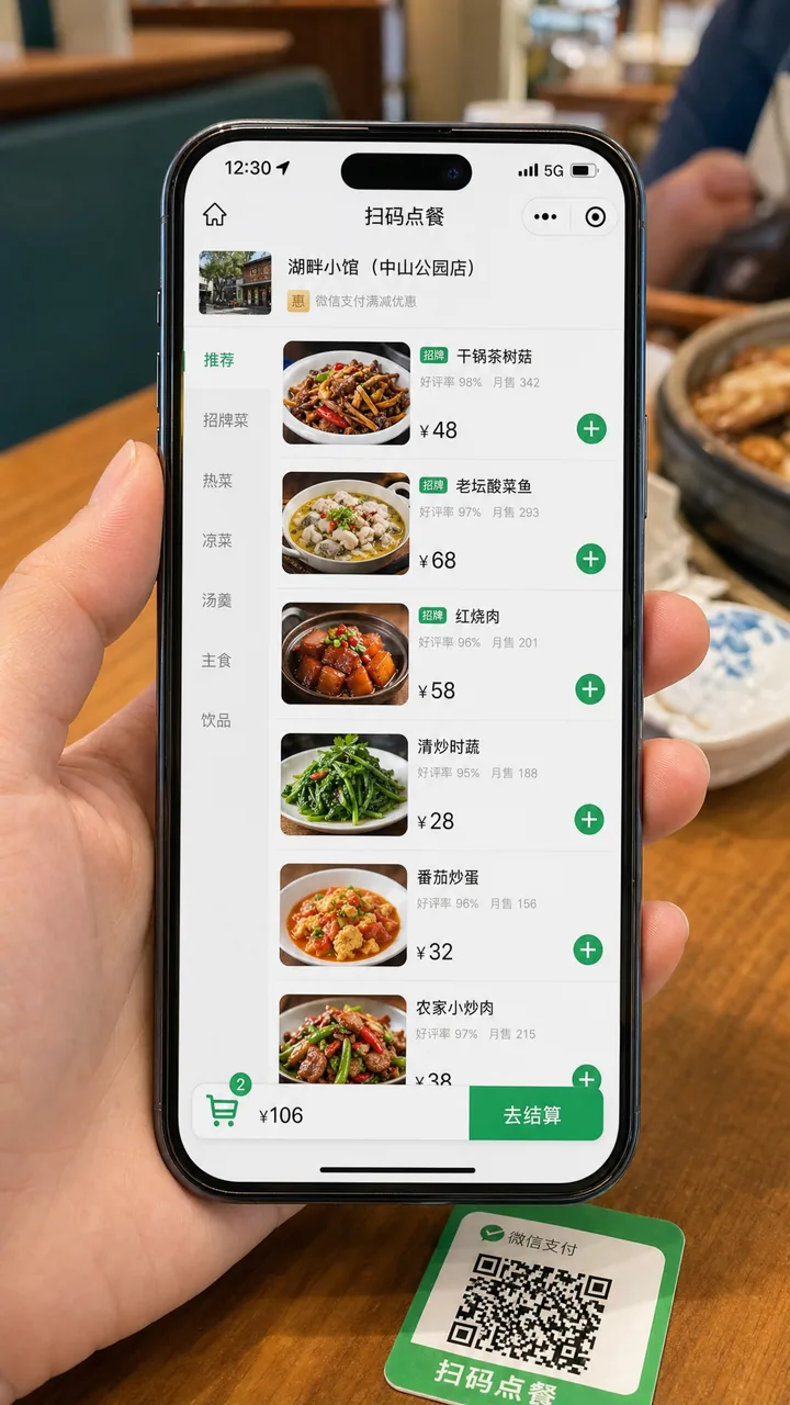 Diner scanning a QR code on a restaurant table to open the Chinese-language ordering mini-program