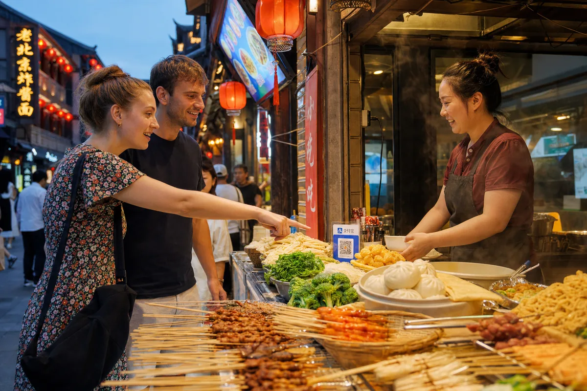 Tourist pointing at street food at a Chinese stall to order without speaking Chinese