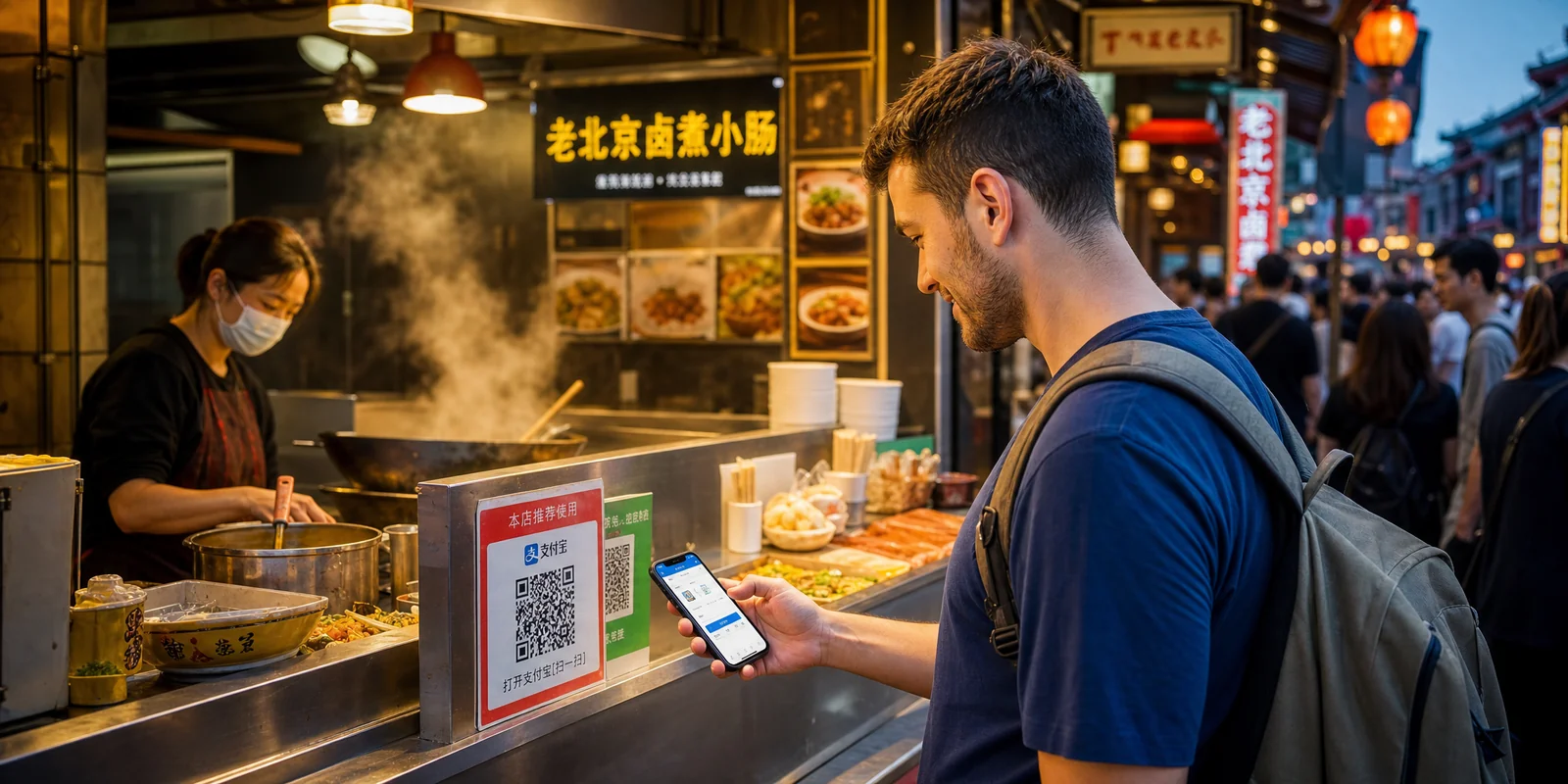 Foreign traveler paying with Alipay by scanning a vendor's QR code at a street food stall in China