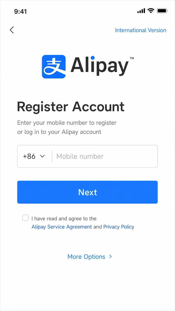 Alipay registration screen showing phone number entry and International Version option