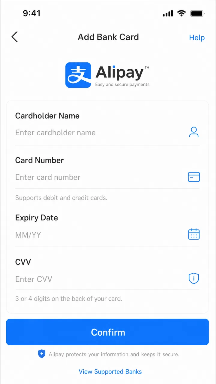 Alipay Add Bank Card screen with fields for card number, expiry date and CVV