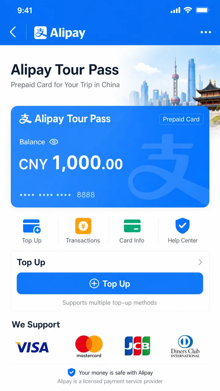 Alipay Tour Pass prepaid card setup screen for foreign visitors