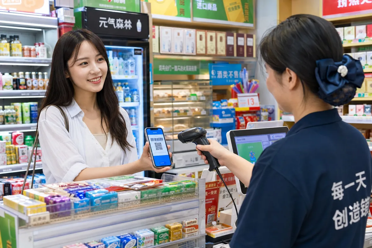 Customer showing an Alipay payment QR code to a cashier at a convenience store in China