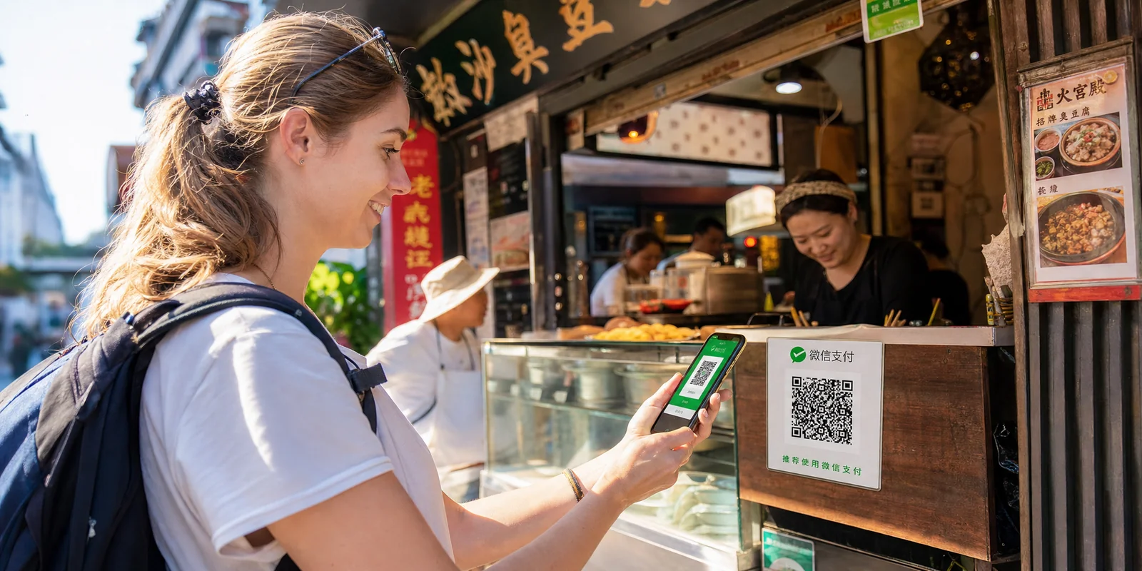Foreign traveler using WeChat Pay to scan a merchant QR code at a small shop in China
