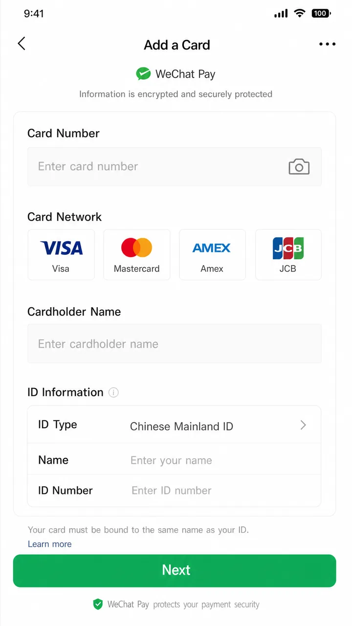 WeChat Pay Add a Card screen showing fields to enter foreign card number and identity details