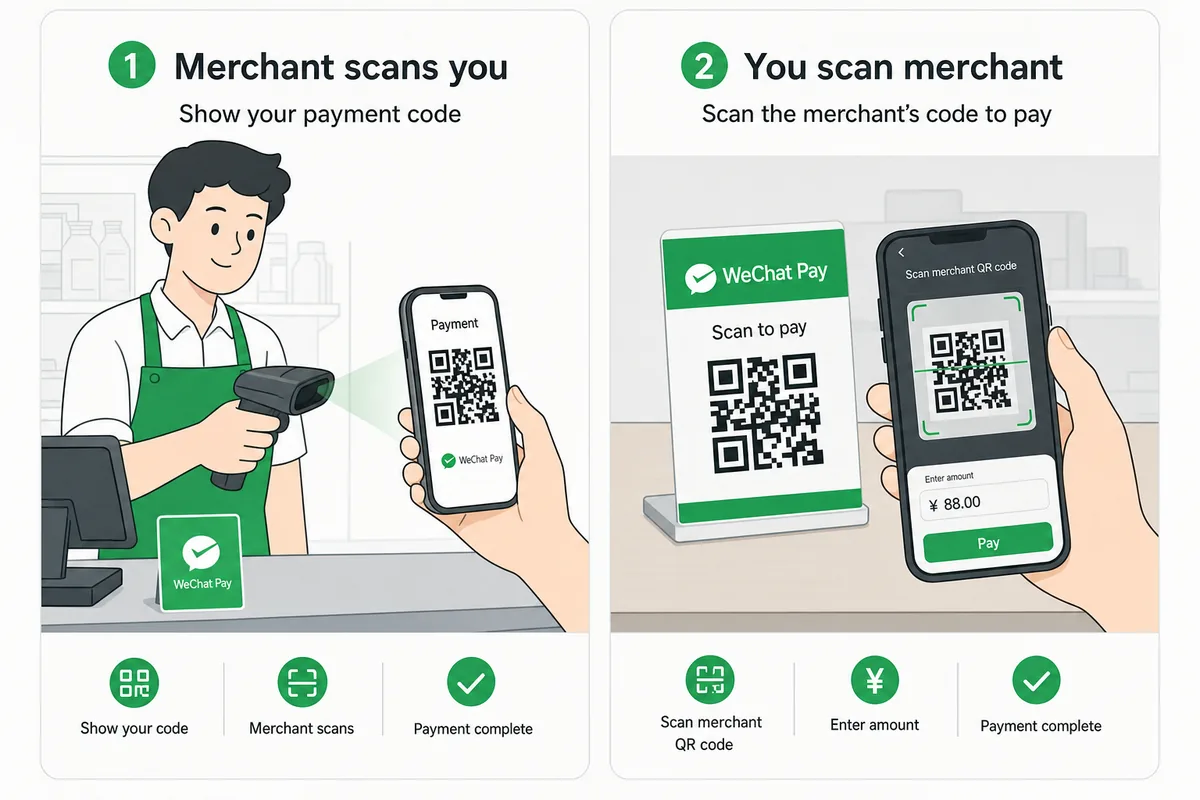 Diagram comparing two WeChat Pay methods: merchant scanning your code versus you scanning the merchant code